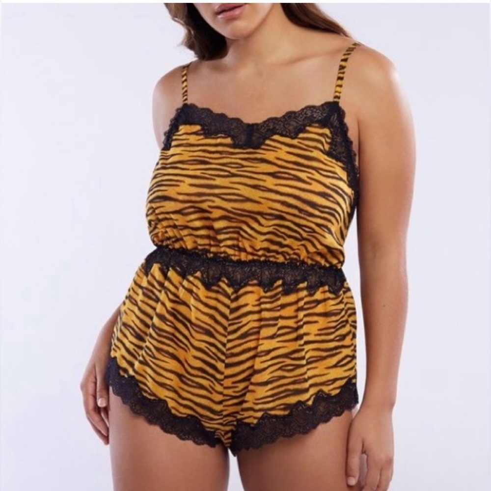 Savage X Fenty Tiger Print Lace-Trim Cami Romper in Yellow and Black